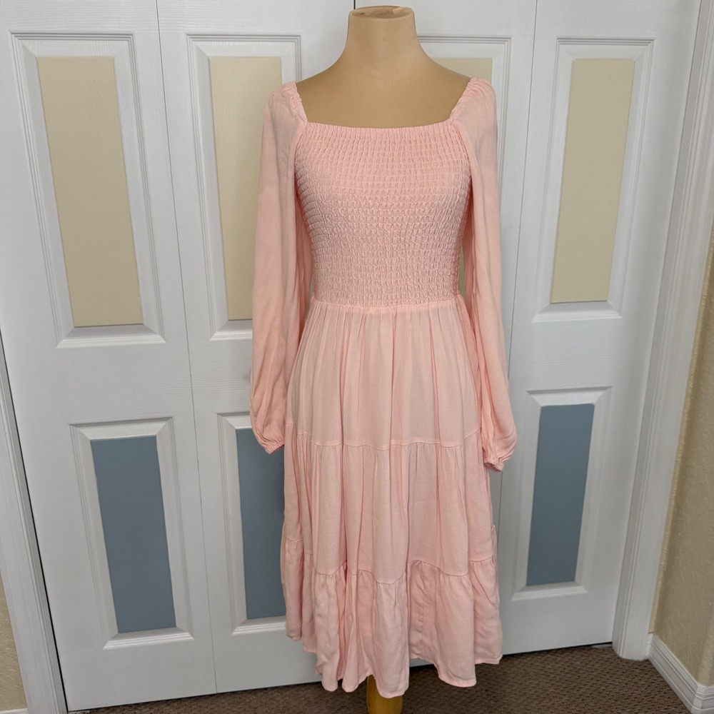 GB Women’s Pink Smocked Tiered Midi Dress Long Sleeve Square Neck L 12/14 NEW